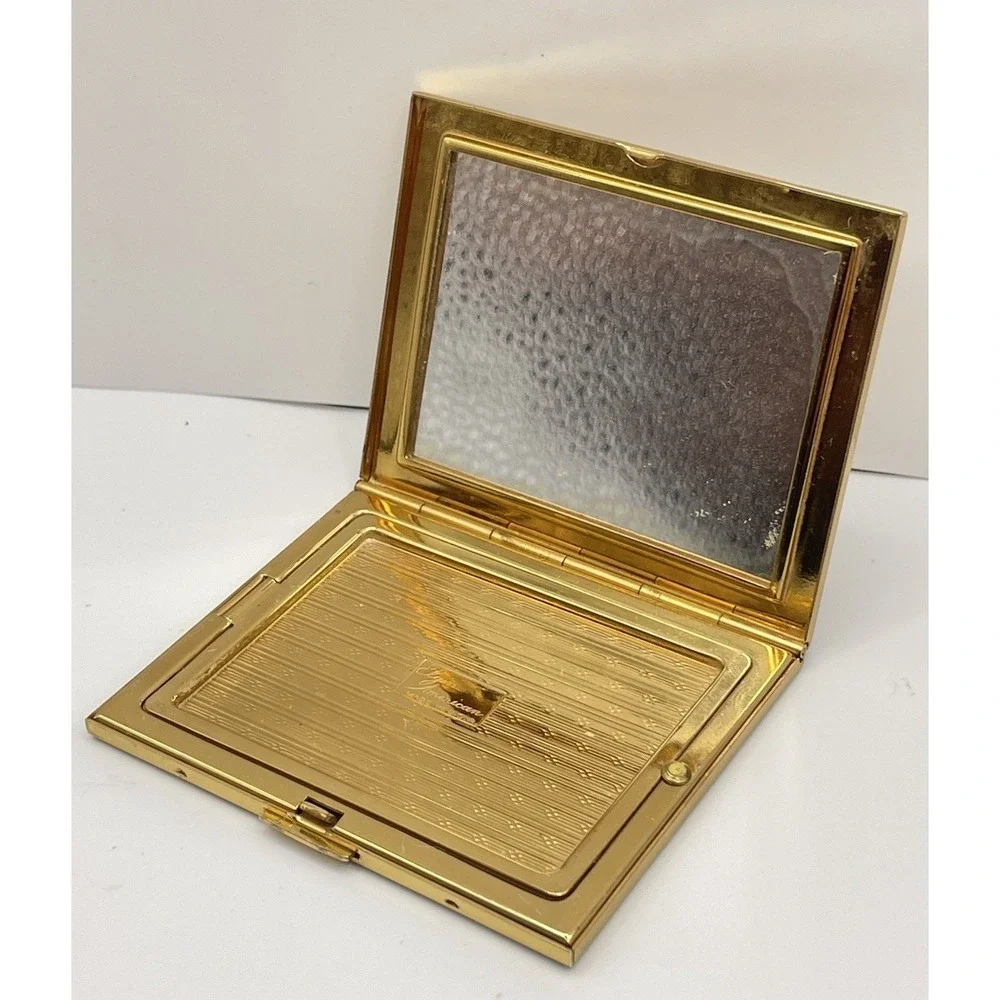 Vintage Elgin American Gold Tone‎ Etched Makeup Compact Mirror Mother Of Pearl